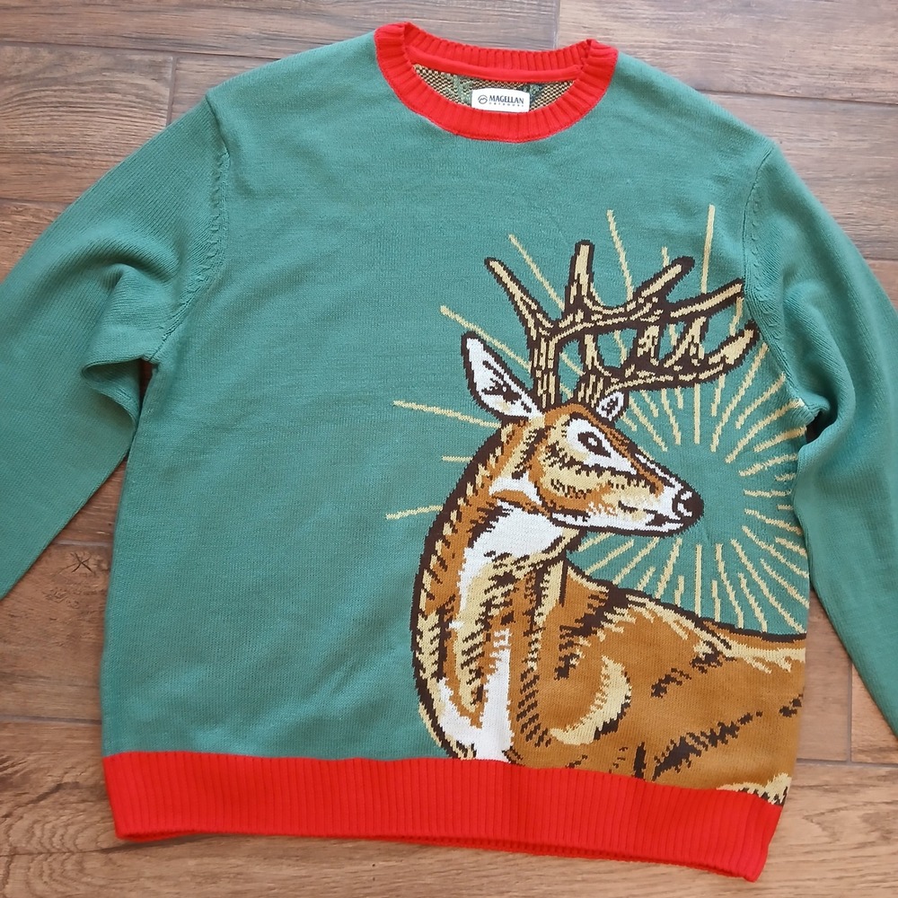 Magellan Sweater Mens 3XL XXL Green Ugly Christmas Raindeer Holiday Pullover